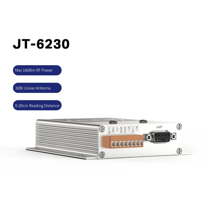 غلاف متين من سبائك الألومنيوم لقارئ UHF RFID من طراز JT-6230 يضمن مقاومة الصدمات وتبديد الحرارة أثناء الاستخدام الصناعي.