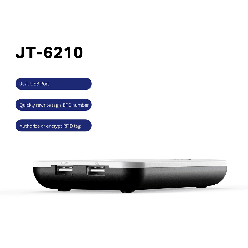 قياسات فنية توضح حجم قارئ UHF RFID من طراز JT-6210 البالغ 119mm في 104mm في 28mm لدمجه في محطات العمل.