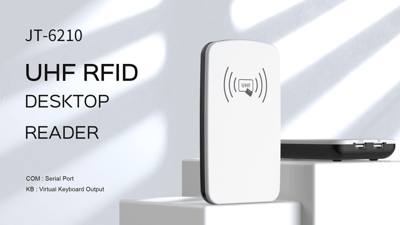 قارئ UHF RFID المكتبي JT-6210 يهيئ ملصقات RFID الخاصة بالمكتبات لنظام ذكي لإدارة الكتب وتتبعها.