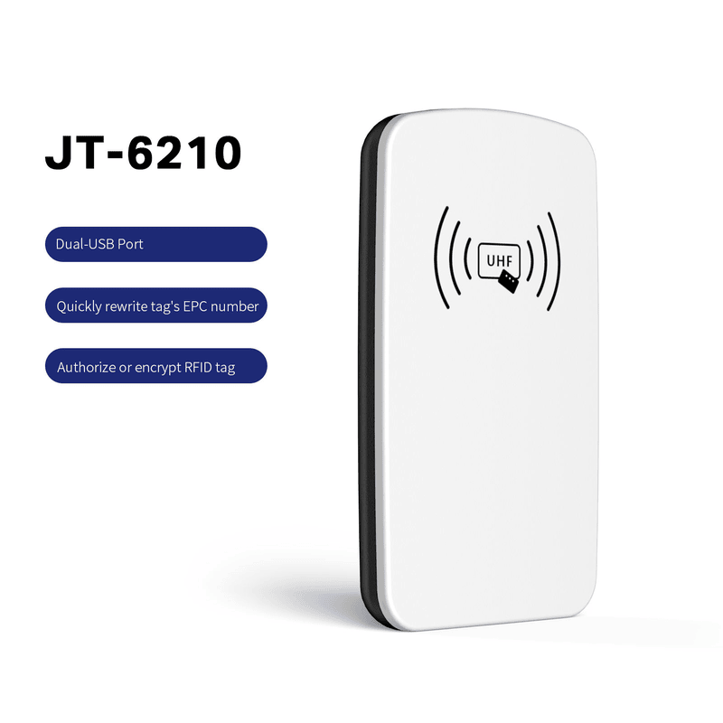 قارئ UHF RFID من طراز JT-6210 مزود بمنفذي USB، أحدهما COM لاستخدام SDK والآخر KB لمحاكاة لوحة المفاتيح.