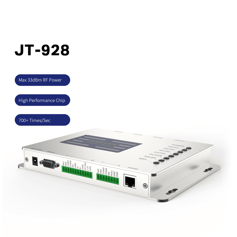 تُظهر هذه الصورة قارئ UHF RFID الثابت JT-928 من زاوية أمامية منخفضة، مع ظهور كتل أطراف توصيل RS232 ومنافذ TCP IP.