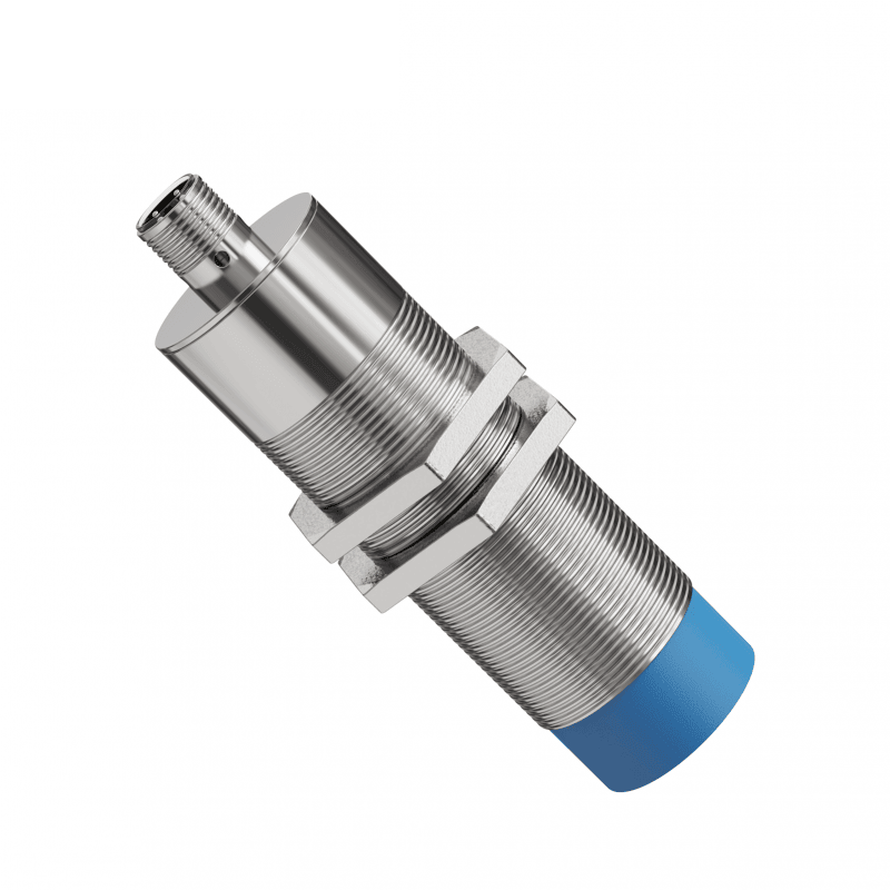 منظر مائل لقارئ UHF الصناعي JT-7400 بهيكل من النحاس الأصفر المطلي بالنيكل وواجهة استشعار زرقاء.