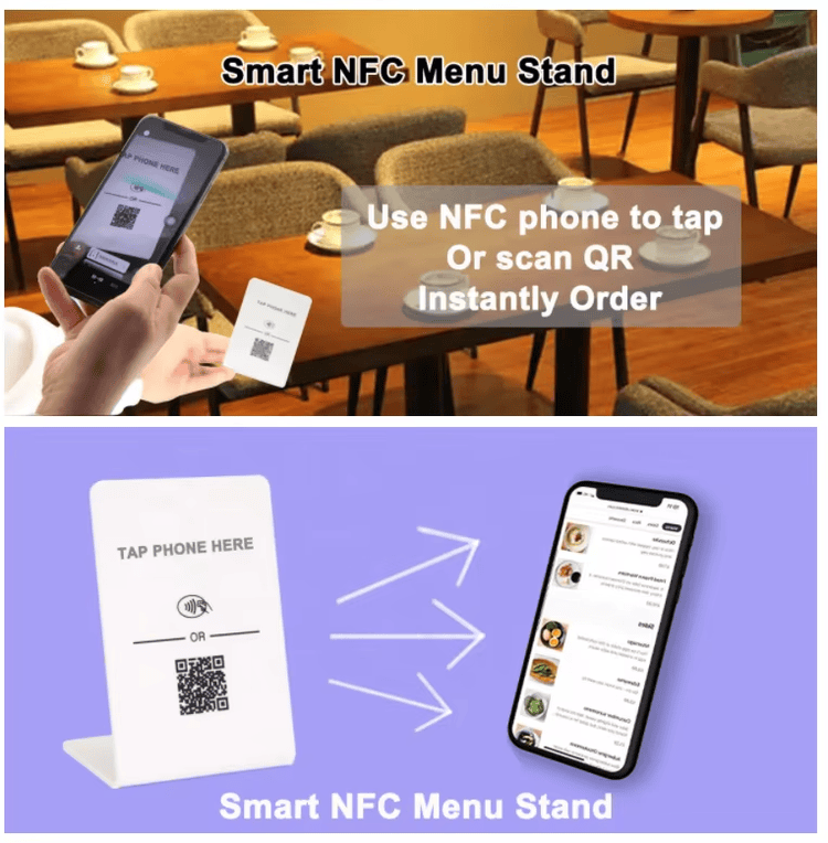 تُبرز هذه الصورة مشهدًا تطبيقيًا لحامل عرض مخصص بتقنية NFC ورمز QR للعروض الترويجية في تطبيقات حوامل NFC.