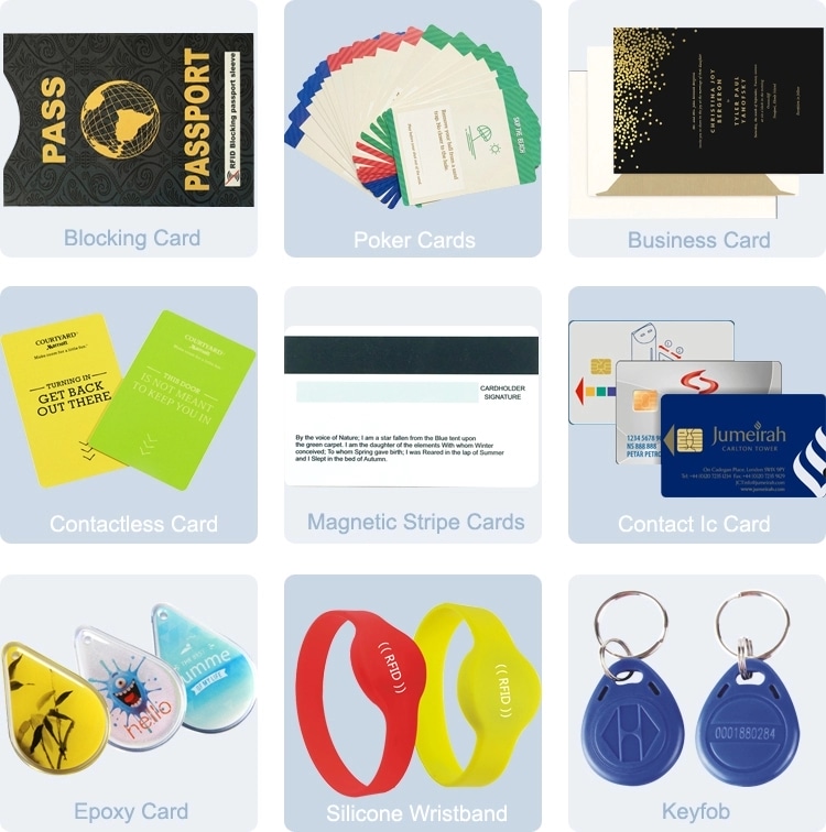 شبكة تعرض مجموعة منتجات تضم بطاقات RFID مانعة للقراءة إلى جانب بطاقات أعمال وأساور وميداليات مفاتيح.