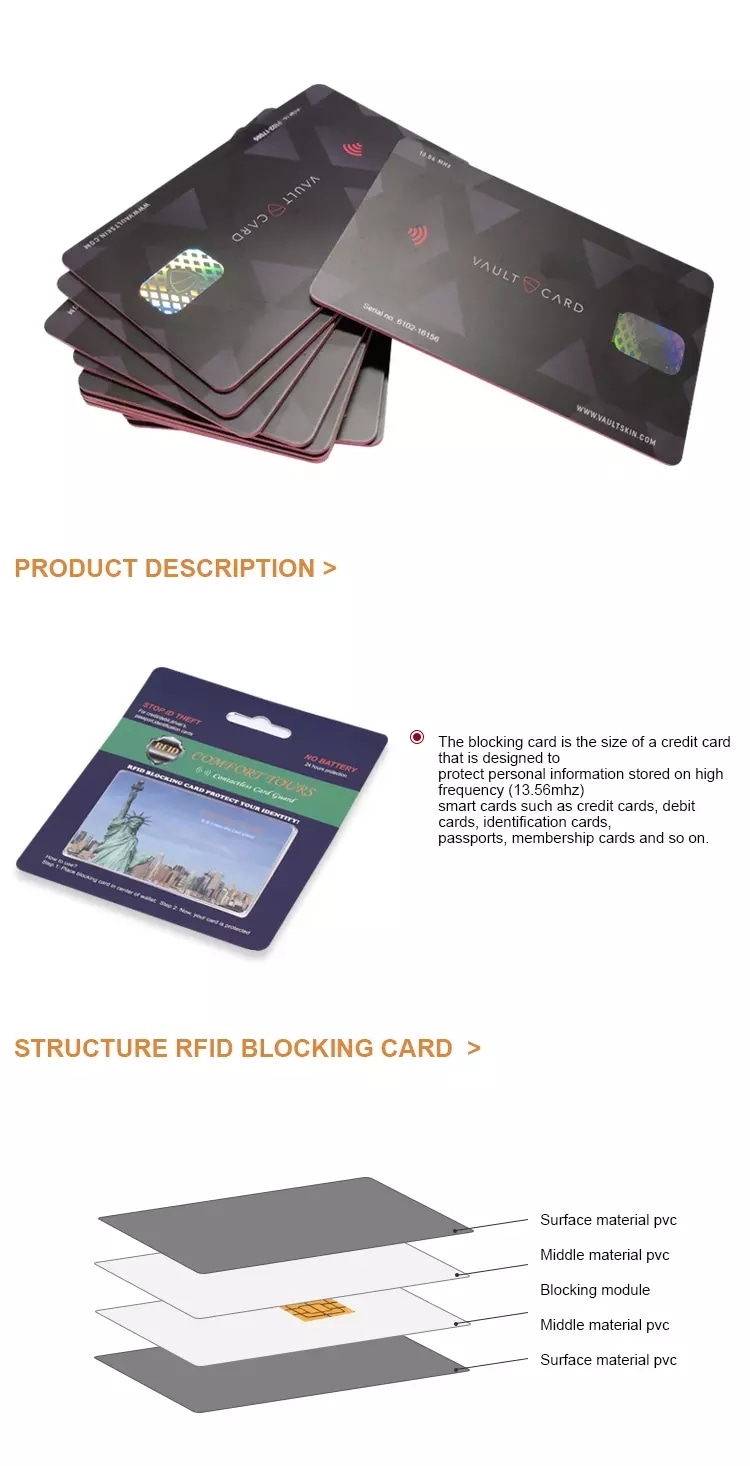 رسم Vault Card يعرض وصف المنتج ومخطط الطبقات لشرح كيفية حجب إشارات RFID داخل حافظة البطاقة.