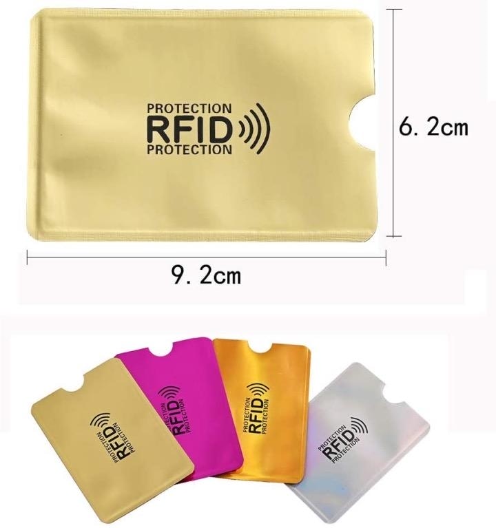 غلاف ذهبي لحماية RFID معروض مع علامات قياس 9.2cm في 6.2cm وخيارات ألوان للطلبات المخصصة.