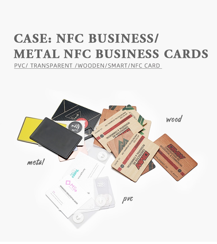 تشكيلة من بطاقات أعمال NFC المخصصة المصنوعة من PVC وPVC الشفاف والخشب والمعدن، تُظهر عدة خيارات للمواد والطباعة.