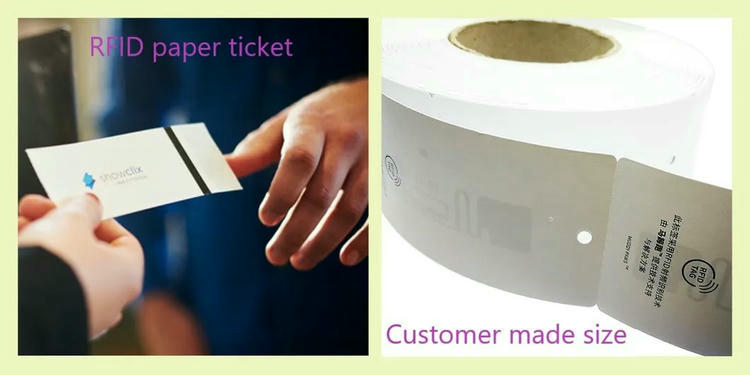 أمثلة لتذاكر RFID توضح خيارات المقاسات المخصصة بتنسيق رول ومشهد تسليم لتقديم سلس عند البوابات.
