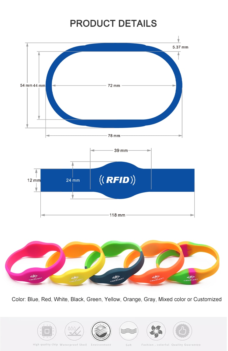 مخطط مقاسات سوار RFID السيليكون G06 يوضح الأبعاد الرئيسية وأمثلة الألوان للتحكم بعضوية النوادي الرياضية.