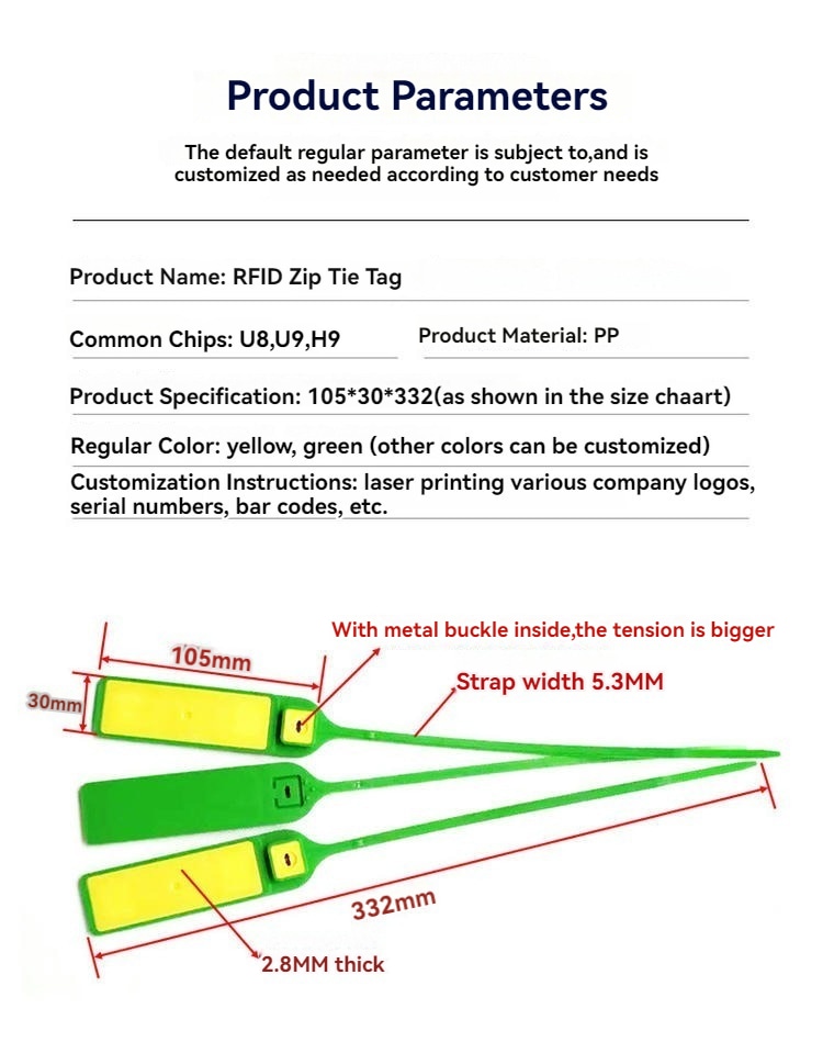 ورقة مواصفات وسم RFID برباط كابلات، الطراز Z33230-2، تسرد مادة PP وشرائح U8 وU9 وH9 ومخطط طول 332mm.