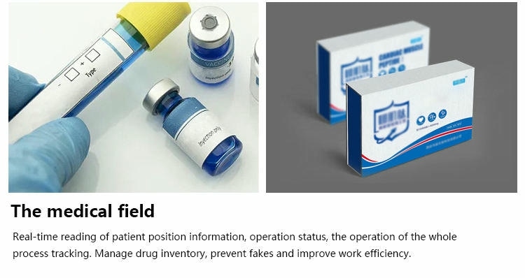 يُظهر رسم تطبيقي طبي استخدام RFID على أنابيب الاختبار وعلب الأدوية لتتبع العمليات وضبط المخزون.