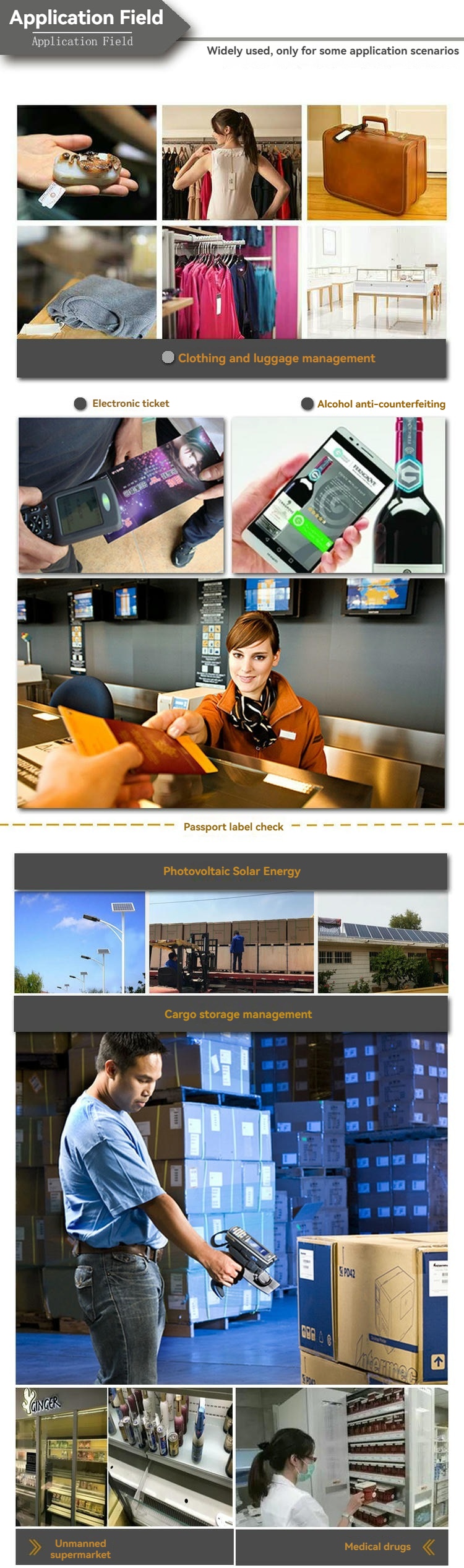 مجموعة صور لمجالات التطبيق تعرض حالات استخدام ملصقات RFID وتدعم توظيف بطاقات RFID للوحات المركبات في برامج التوريد.
