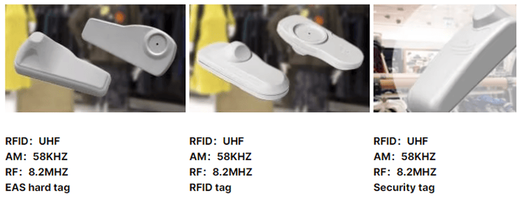 تعرض لوحة مقارنة صور وسم ER6830 مع معلومات UHF وEAS لشرح تطبيقات تتبع الملابس وأمان التجزئة.