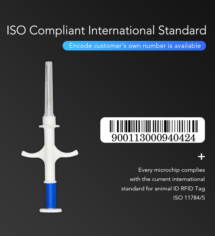 رسم يوضح التوافق مع معايير ISO الدولية مع حقنة وباركود لدعم تسجيل شريحة RFID الدقيقة للحيوانات.