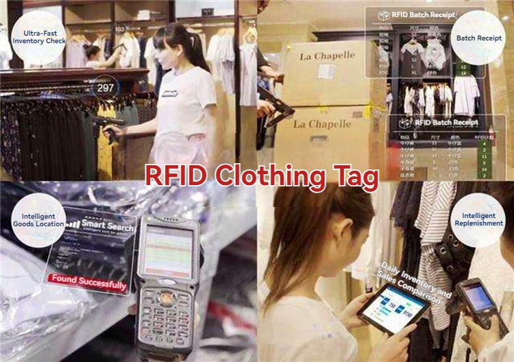 توضح هذه الصورة المجمعة استخدام بطاقات RFID للملابس في الجرد السريع والبحث عن القطع ومراقبة مخزون المتاجر.