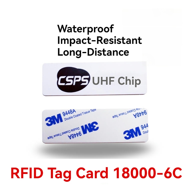 تُظهر هذه الصورة الترويجية لبطاقة PVC RFID المعلّقة جانب شريحة UHF وجانب الظهر اللاصق للبطاقة.