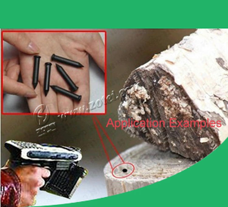 تُظهر صورة التطبيق هذه وسوم RFID المسمارية طراز NAIL06-4 لتتبع الأخشاب، مع قارئ محمول ووسم مثبت داخل الخشب.