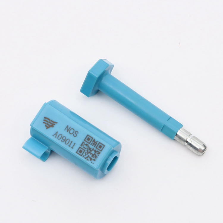 يُعرض ختم أمان RFID أزرق طراز SS8725-1 في جزأين، جسم مطبوع ودبوس منفصل بطرف معدني.