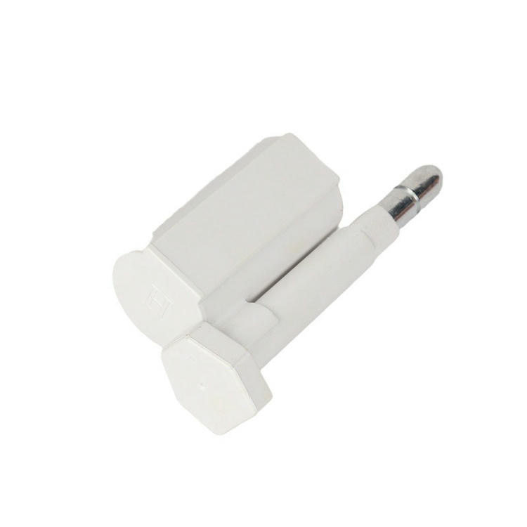 يُعرض ختم أمان RFID أبيض طراز SS8725-1 بزاوية، مع محاذاة جسم القفل والرأس المعدني معًا.