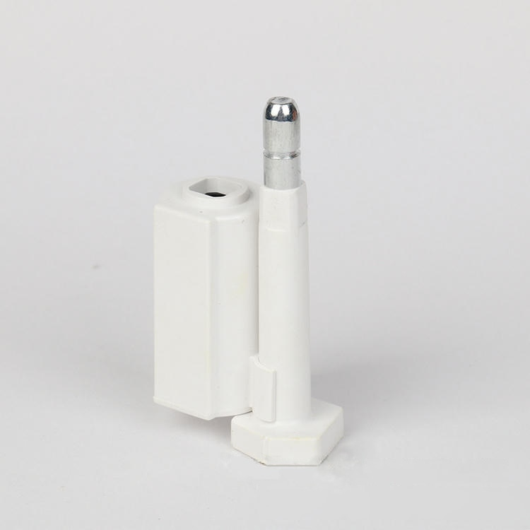 يقف ختم أمان RFID أبيض طراز SS8725-1 في وضع قائم، مع جسم القفل بجوار دبوس الختم ذي الطرف المعدني.