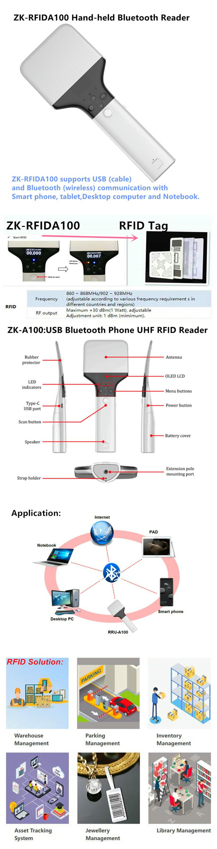 قارئ ZK-RFID-A100 مزود بسعة تخزين تصل إلى 65000 معرّف وسم لحماية البيانات أثناء المسح دون اتصال أو عند انقطاع Bluetooth.