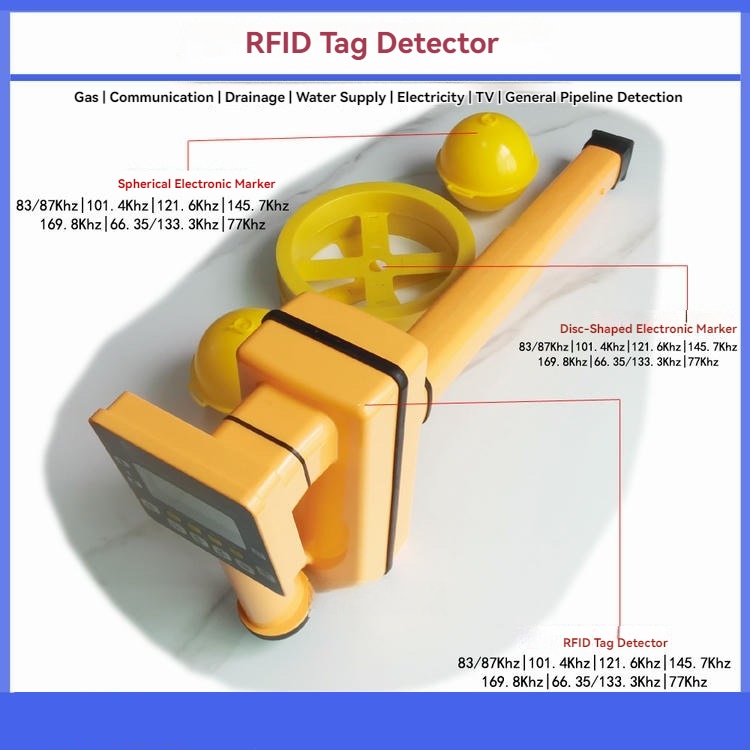 تعرض هذه الصورة كاشف وسوم RFID مع علامات ED2000 القرصية والكروية لتطبيقات تحديد مواقع المرافق تحت الأرض.