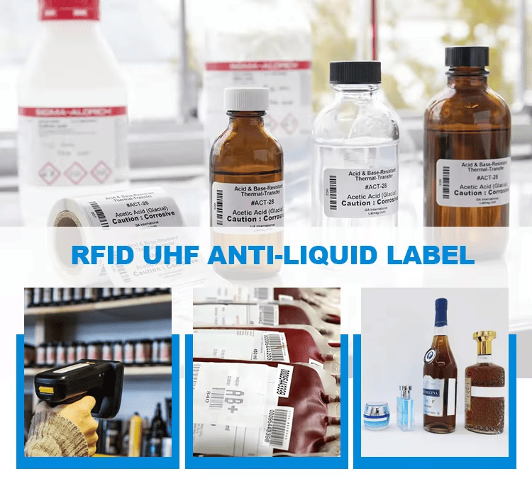 ملصقات RFID مخصصة للزجاجات السائلة معروضة على سطح معدني لمساعدة المشترين على مقارنة حلول ملصقات RFID للسوائل.