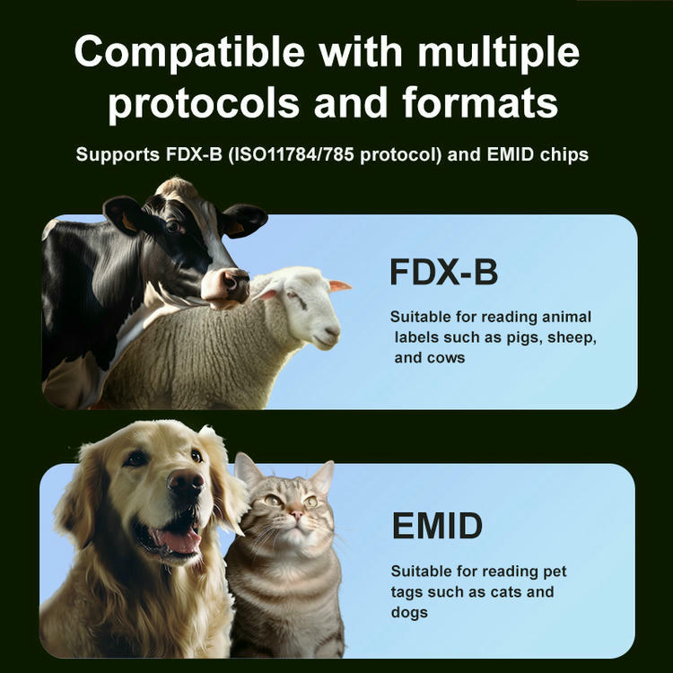 يعرض رسم التوافق دعم FDX-B وEMID مع صور حيوانات توضح استخدام قارئ W90E لوسوم المواشي ووسوم الحيوانات الأليفة.