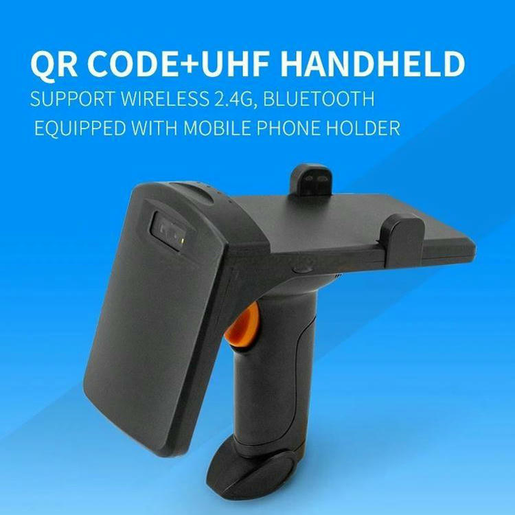 يُظهر هذا المنظر الأمامي لماسح UHF المحمول R12 عبر Bluetooth الهوائي المدمج عالي الأداء ونافذة مسح الباركود.