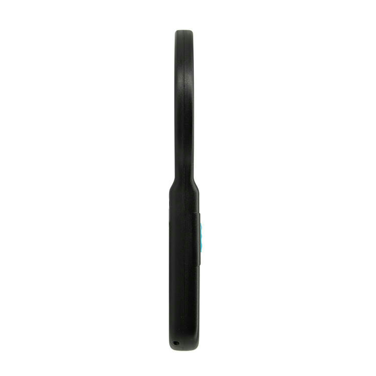 منظر جانبي لقارئ LF RFID الأسود W90C-B يوضح السماكة النحيفة ورأس العدسة البارز المصمم لسهولة الإمساك.