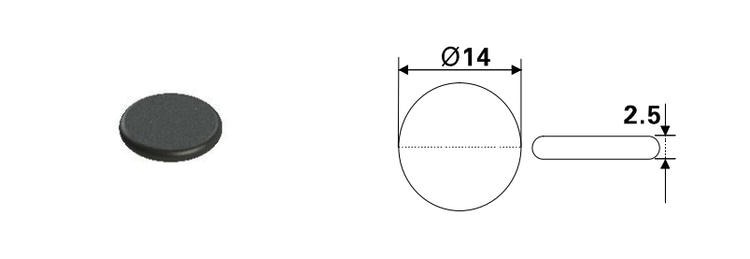 رسم أبعاد يوضح وسم PPS RFID طراز PPSD14-1 بقطر 14 مم وسماكة 2.5 مم للتركيب المدمج.