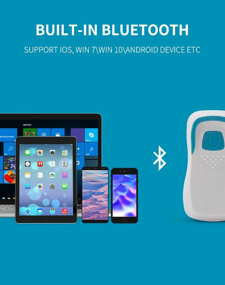 تُظهر هذه الصورة قارئ RFID UHF المحمول R58H مع حواسيب محمولة وأجهزة لوحية وهواتف لعرض دعم Bluetooth المدمج.