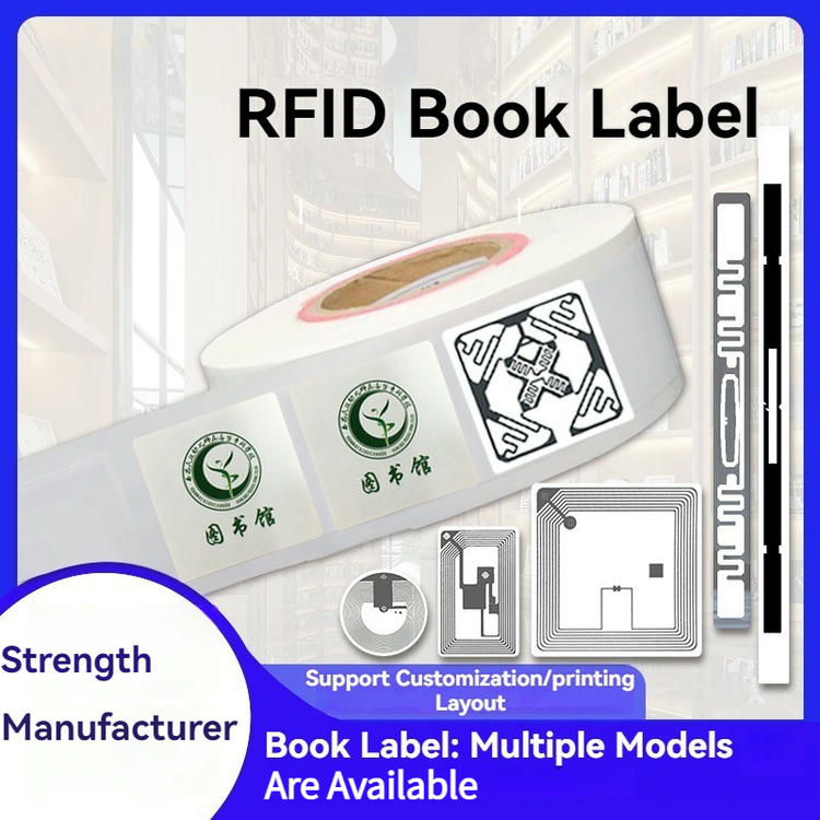 يعرض ملصق ترويجي لفات ملصقات RFID للكتب مع عدة طرازات من الوسوم المربعة ووسوم كعوب الكتب لتطبيقات المكتبات.