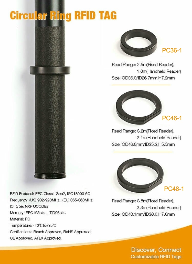 ملصق مواصفات يعرض وسوم RFID الحلقية PC36-1 وPC46-1 وPC48-1 مع تفاصيل مدى القراءة والحجم والبروتوكول.