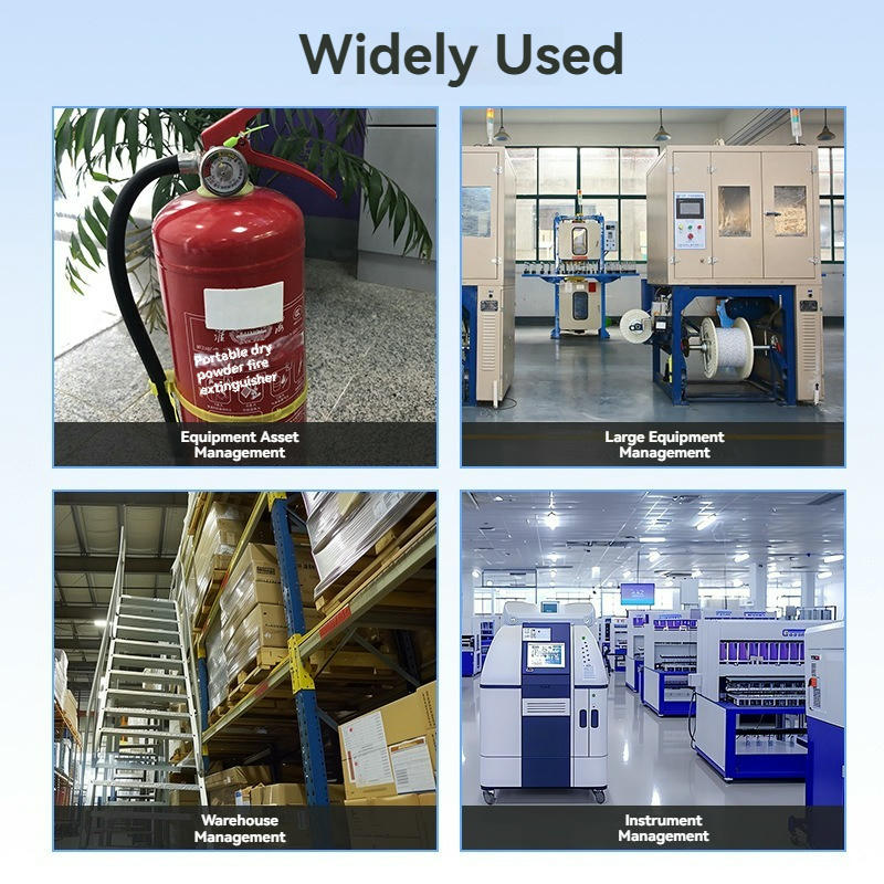 لوحة تطبيقات تعرض استخدام ملصقات RFID في إدارة الأصول وإدارة المستودعات والتحكم بالمعدات وتتبع الأدوات.