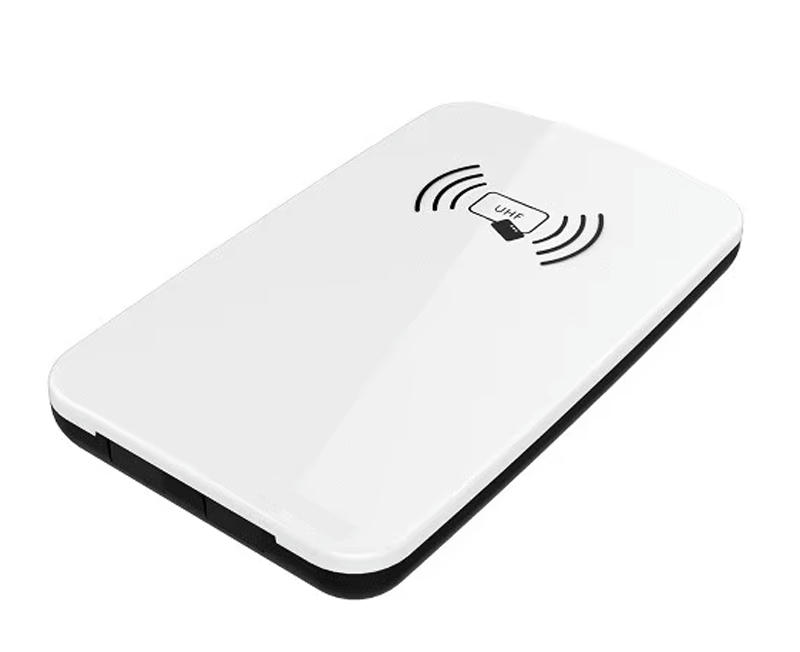 منظور علوي لقارئ HF RFID المكتبي JT-R1563 يوضح السطح الأبيض الناعم وأيقونة الهوائي اللاتلامسي.