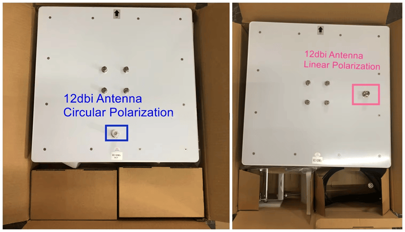 تُظهر هذه الصورة هوائيين ZK-ANT445D لقارئ UHF الثابت داخل العبوة مع مقارنة علامات الاستقطاب الدائري والخطي.