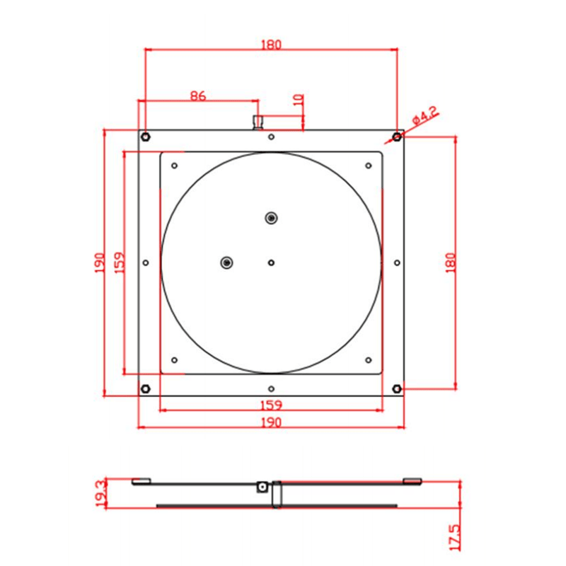 تُظهر هذه الصورة الرسم التخطيطي لأبعاد هوائي UHF RFID كامل النطاق ZK-ANT190D، مع القياسات الأمامية والجانبية بوحدة المليمتر.