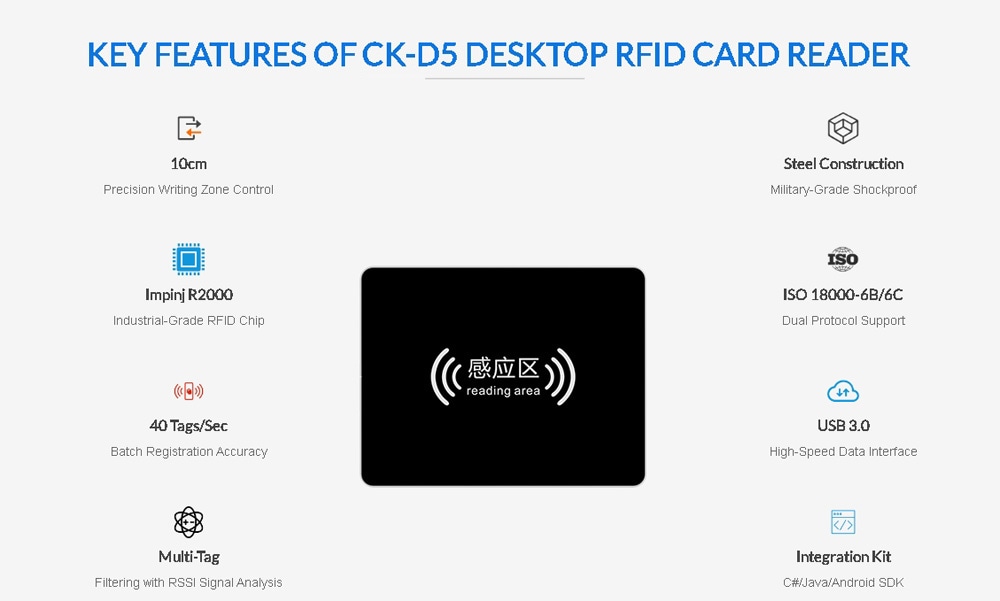 مخطط أبعاد فني لقارئ RFID CK-D5 يوضح حجمه الاحترافي 520×402 مم.