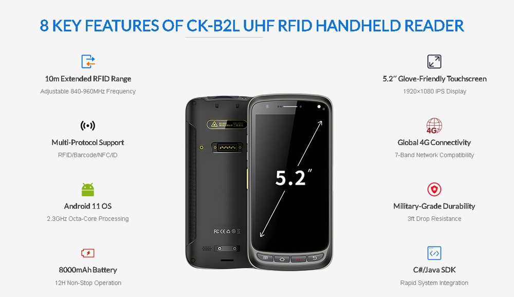 يعمل قارئ RFID CK-B2L ببطارية ليثيوم بوليمر كبيرة بسعة 8000mAh توفر أكثر من اثنتي عشرة ساعة من التشغيل المستمر.