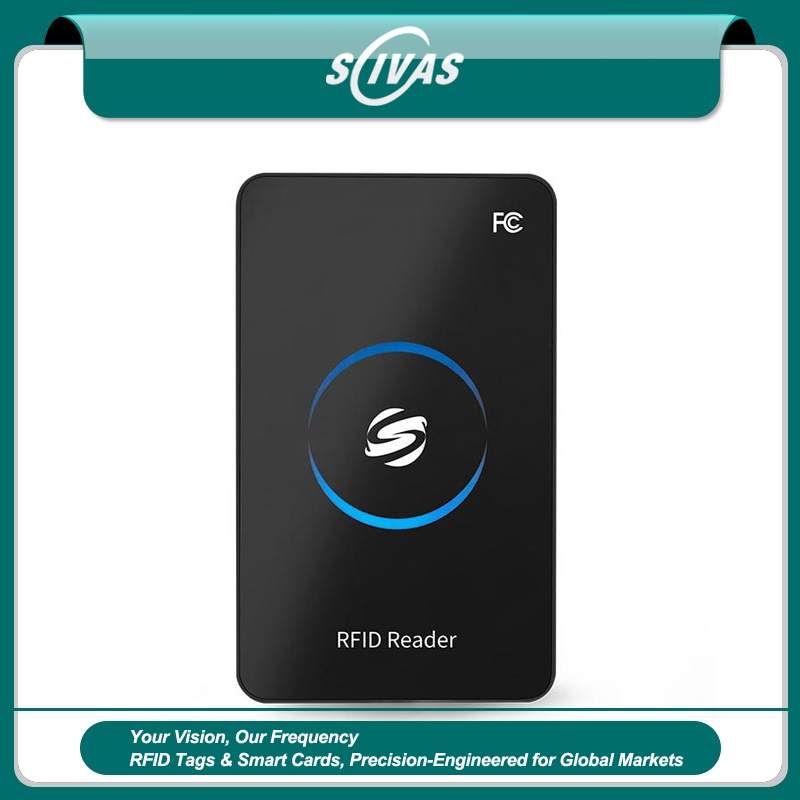 يظهر قارئ RFID HF عبر USB لأنظمة الدفع غير النقدي من منظور واضح يركز على تركيب مدخل الباب ضمن تطبيقات فئة قارئات HF RFID بتردد 13.56MHz.