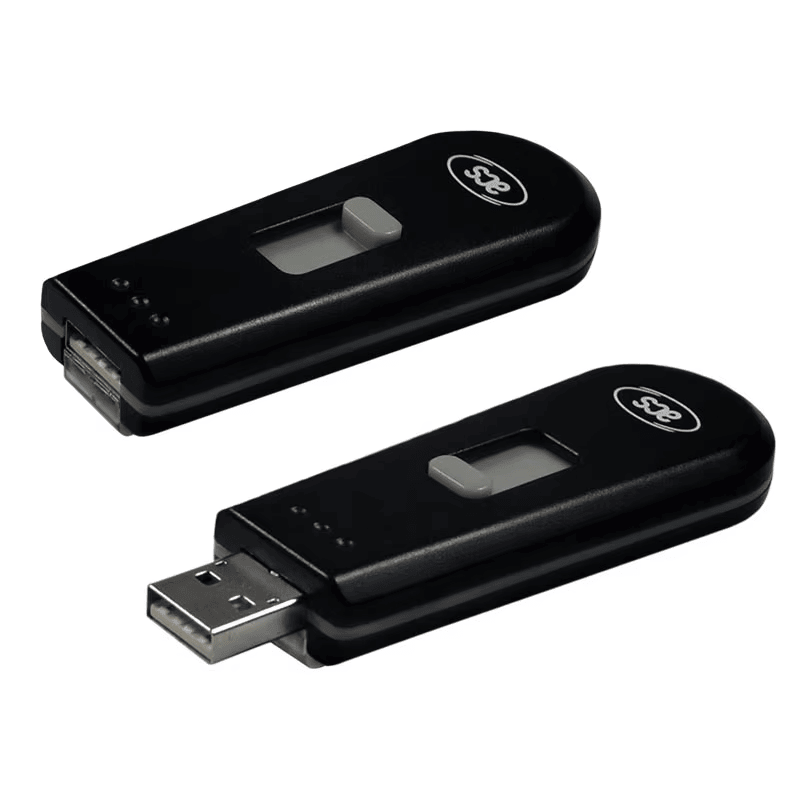 منظران للمنتج ACR1251T USB Token يوضحان تصميم موصل USB القابل للسحب وهيكل القارئ اللاتلامسي المدمج.