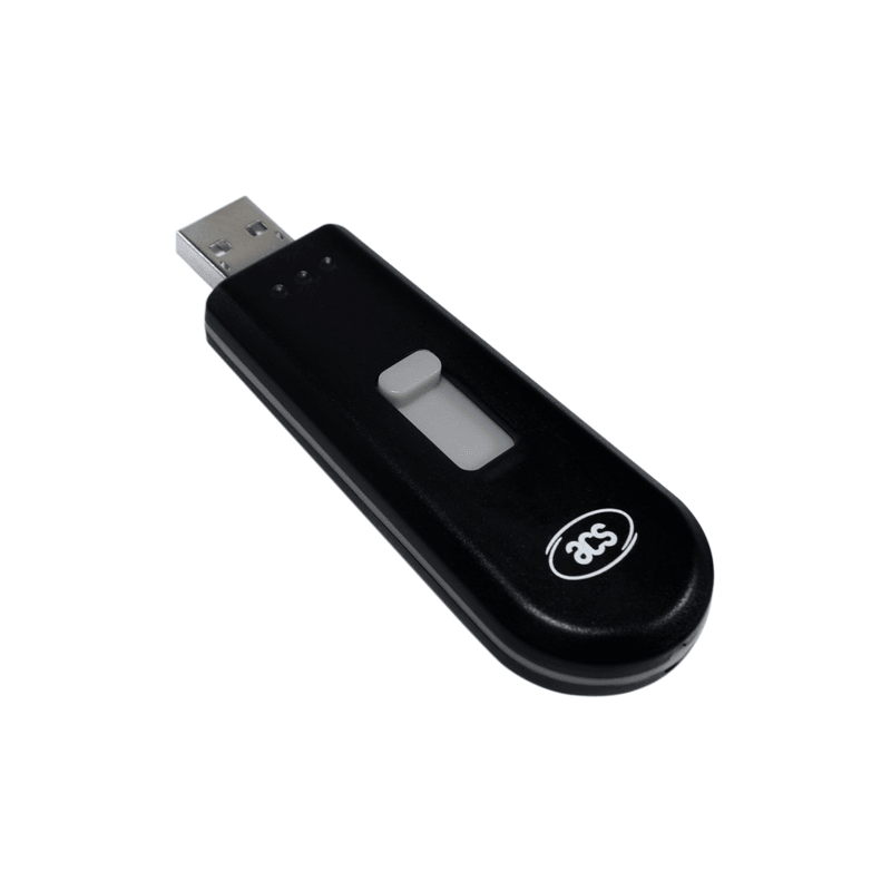 يُقدم قارئ NFC الرمزي عبر USB طراز ACR1251T في لقطة منتج نظيفة توضح جسمه المدمج ونافذة القارئ بجلاء.