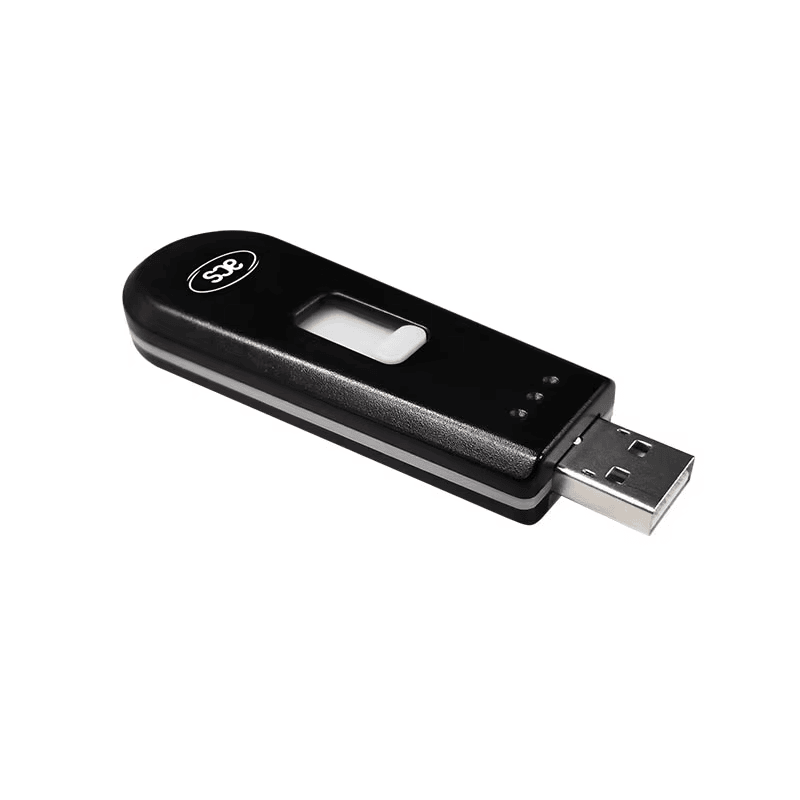يُعرض قارئ USB الرمزي ACR1251T من منظور جانبي مائل يبرز شكله النحيف وموصل USB المكشوف.