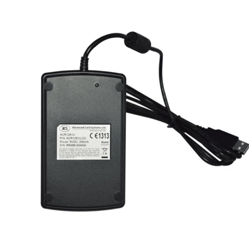 يظهر المنظر الخلفي لقارئ ACR1281U-C2 مع الكابل لعرض ملصق الخلفية والشكل العام للمنتج.