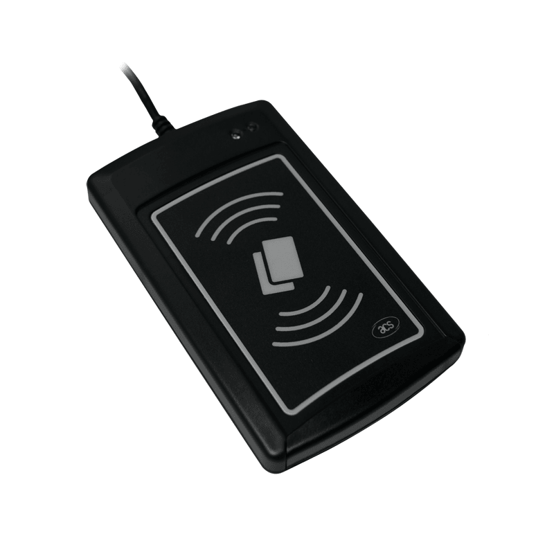 يُصور قارئ UID طراز ACR1281U-C2 من زاوية لإظهار جسمه النحيف وسطح الاستشعار الأمامي.