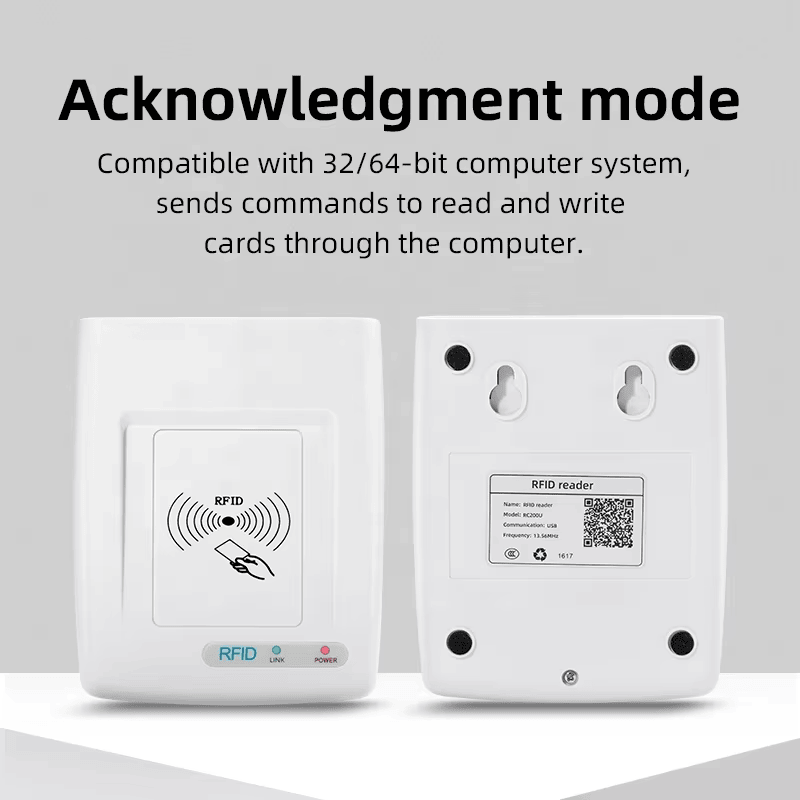 يُظهر هذا الرسم قارئ HF RFID طراز RC200U في وضع الإقرار، مع منظرين أمامي وخلفي لاستخدام القراءة والكتابة المعتمد على PC.