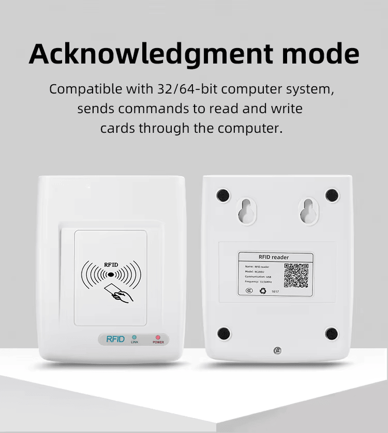 تعرض هذه الصورة الواجهة الأمامية والخلفية لقارئ RFID عالي التردد RC200U، بما في ذلك فتحات التثبيت وملصق المنتج الخلفي.