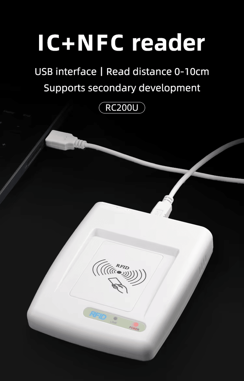 يعرض هذا الملصق قارئ RC200U لبطاقات IC وNFC بواجهة USB ومسافة قراءة قصيرة للعمليات اليومية على البطاقات.