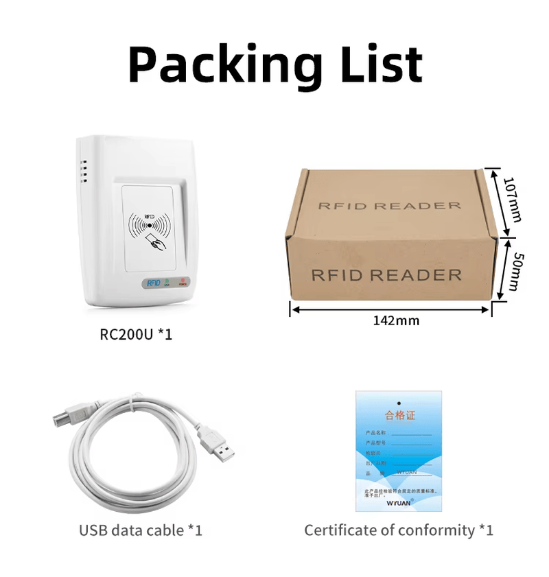 تعرض صورة محتويات العبوة قارئ RFID عالي التردد RC200U مع علبة البيع وكابل بيانات USB وشهادة المطابقة للشحن.